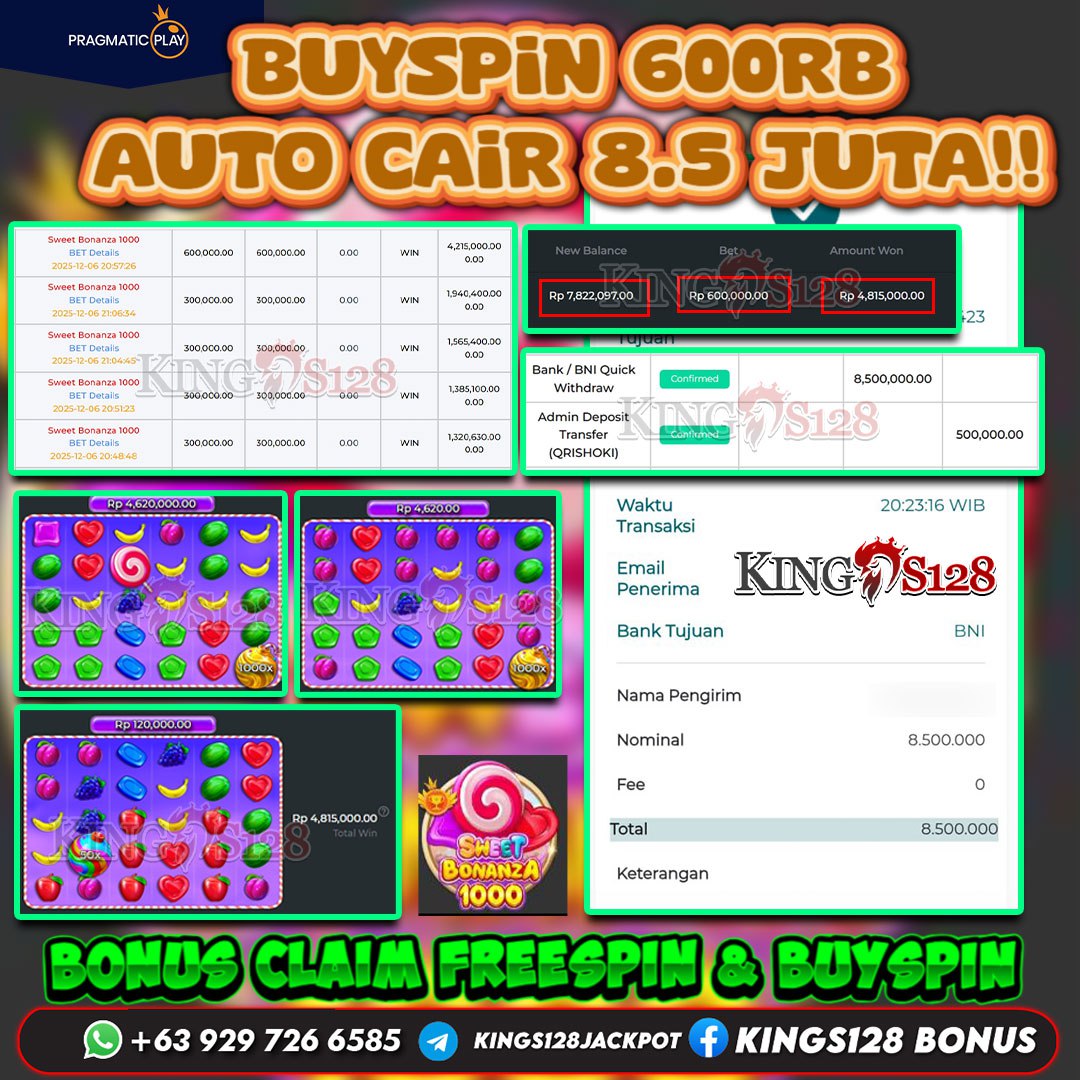 KINGS128 JACKPOT SLOT SWEET BONANZA 1000 RP 8.500.000 ID : UTI***